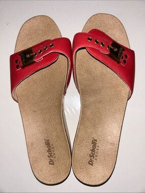 NWOB Dr. Scholl's Red Slide Sandals with Gold Buckle